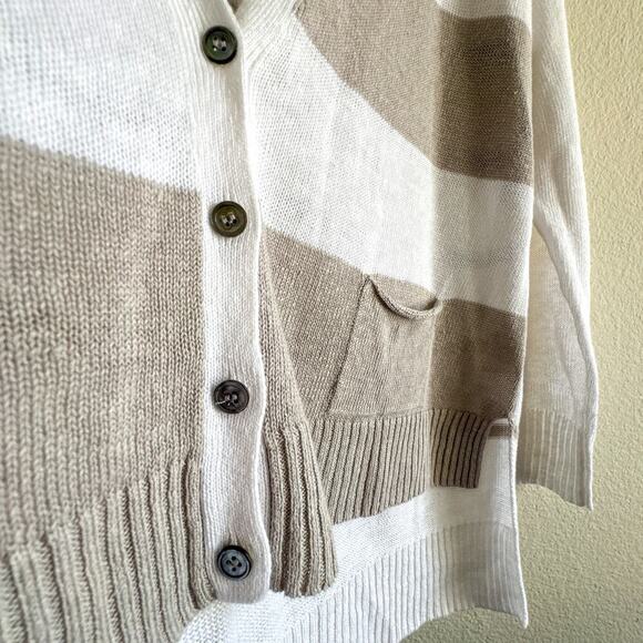 Eileen Fisher XS Linen Slub Cardigan Striped Beige White Lightweight Sweater - Picture 4 of 10